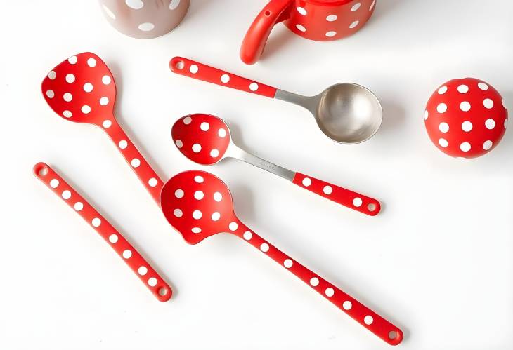 Polka Dot Paradise Vintage Kitchen Utensils in Red on White Table